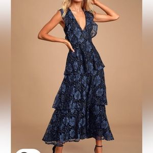 Molinetto Navy Blue Lace Ruffled Tiered Sleeveless Maxi Dress